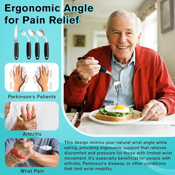 AuntyFey 4Pcs Weighted Adaptive Utensils, 45°Angled Parkinsons Utensils for Elderly, Weighted Utensils for Hand Tremors, 3.5oz Weighted Built Up Utensils for Parkinson, Disabled, Black, Right-Handed