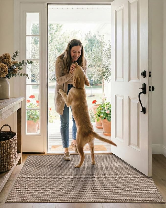 Color&Geometry Large Thin Front Door Mat Indoor Entrance Non Slip Rubber Backed, 36"x56" Indoor Door Mats for Entryway, Dirt Trapper Double Doormat, Washable Front Door Rugs, Dark Beige