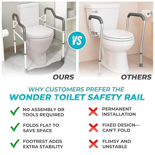 Stander Wonder Toilet Safety Rails for Seniors, Adjustable Detachable Toilet Frame with Padded Handles for Elderly Adults, Foldable Handicap Support Rail with Footrest, Fits Any Toilets