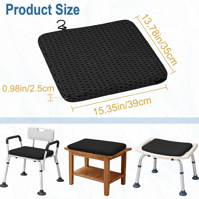 SPRING SEAON Shower Chair Cushion, Gel Shower Seat Cushion with Non-Slip Silicone Bottom, Quick-Dry Mesh Bath Seat Pad, Soft Washable Shower Bench Cushion for Seniors & Adults (Black)