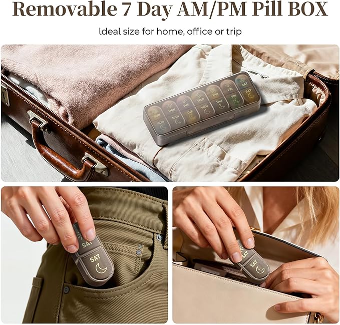 Betife AM PM Pill Organizer 7 Day, Weekly Pill Organizer 2 Times a Day, Daily Pill Box AM PM, Portable Travel Medicine Case, Day and Night Pill Container for Medication, Vitamin or Supplement(Brown)