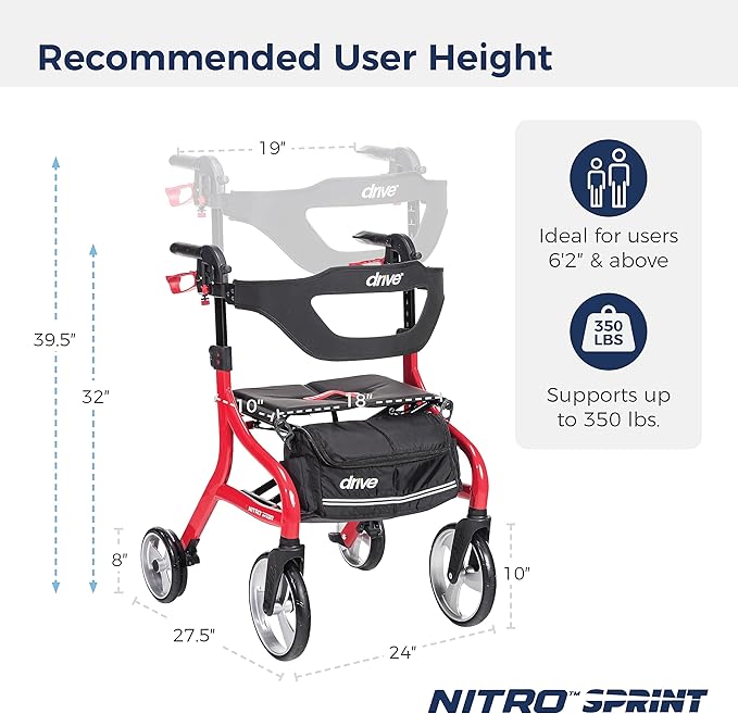 Drive Medical Nitro Sprint Foldable Rollator Walker with Seat - Lightweight Support - Large Wheels - Compact Folding Design - Adjustable Comfort - Tall Size - Red