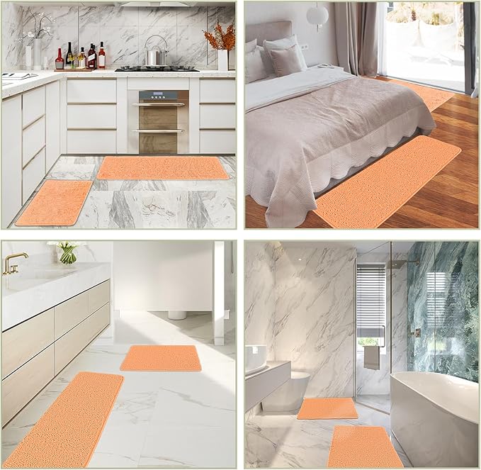 Peach Bathroom Rugs Sets 2 Piece – Absorbent and Washable Bath Mat, Non-Slip, Thick Soft Chenille Bath Rugs for Bathroom Floor, Shower, Sink - 17" x 24"+20" x 32"