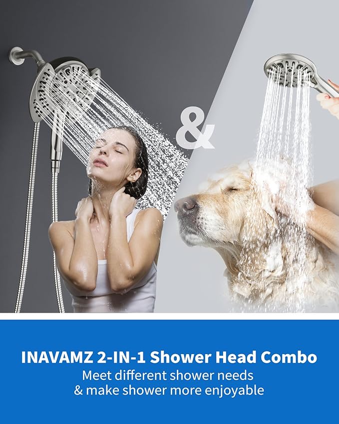 INAVAMZ 2-in-1 Shower Head with Handheld Combo: 2.5GPM Rainfall Shower Head & Detachable Shower Head Use Together or Alone, 9 Spray Settings Hand Held Showerhead with Hose, Nickel