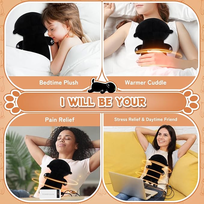Electric Heating Pad for Period Cramps, Cuddly Kawaii 14'' Black Cat Plush with a Hot Soft Belly USB Powered, Menstrual Heating Pad Neck Shoulder Pain Relief, Gift for Daughter Wife Period Heating Pad
