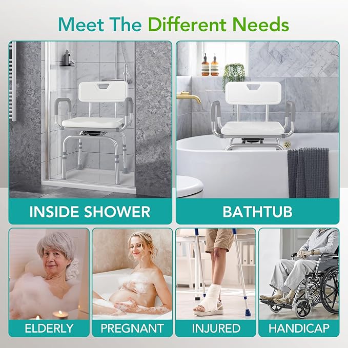 360 Swivel Shower Chair with Back and Arms, 400lbs Heavy Duty Adjustable Bath Chair for Elderly Disabled Bariatric Pregnant, Handicap Shower Seat for Inside Tub