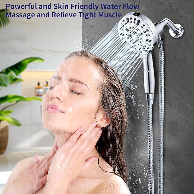 Magnetic Handheld Shower Head with Filter, High Pressure 10-Spray-Mode Detachable Shower Head with 60-Inch Hose, Powerful Hand Held Shower Head for Low Water Pressure(head,silver)
