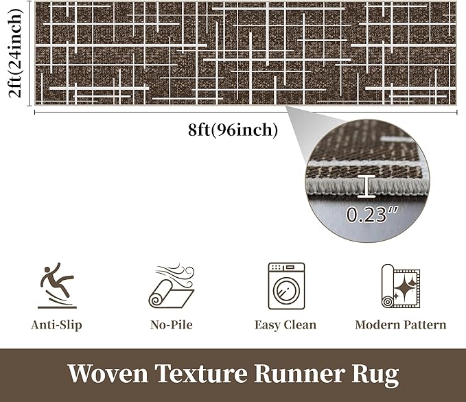 Non Slip Hallway Runner Rug 2x8,Modern Distressed Stripe, Washable Long Rug, Woven Thin Low Pile Carpet Runners for Hallway 10ft Entryway, Kitchen, Walkway- Brown