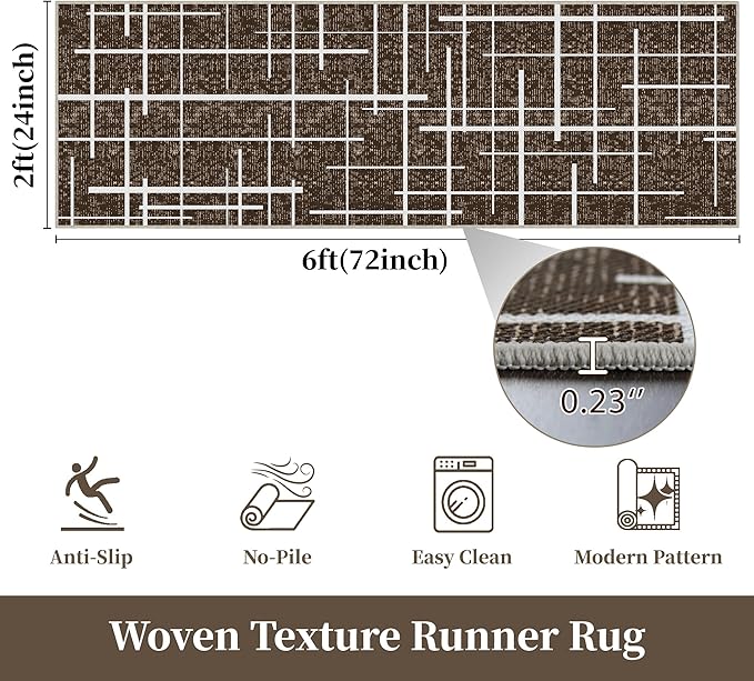 Washable Runner Rug 2x6, Brown Modern Distressed Stripe, Hallway Runner Rug Non Slip, Woven Thin No Shed Runners for Entryway, Kitchen, Laundry Room- Brown