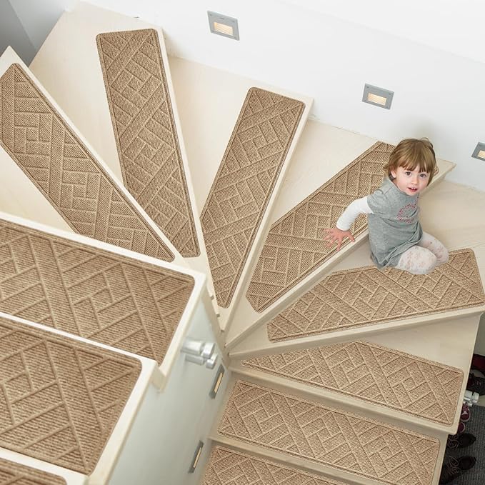 15 Pack 8 "X 30" Non-Slip Carpet Stair Treads for Indoor Wooden Steps, Made of Polyester and Reusable Adhesive, Suitable for Kids Elders and Pets(Beige Lines)