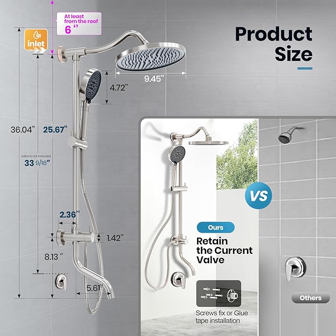 Rainshower Head with Handheld Spray, Retrofit Shower System with Solid Brass Connecter, High Pressure Shower Head with Adjustable Holder& Tub Spout, 60" Stainless Steel Hose, Brushed Nickel