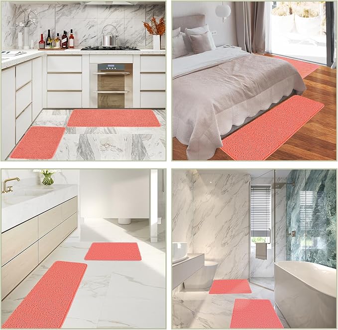 Coral Bathroom Rugs Sets 2 Piece – Absorbent and Washable Bath Mat, Non-Slip, Thick Soft Chenille Bath Rugs for Bathroom, Shower, Sink - 20" x 32"+24" x 36"