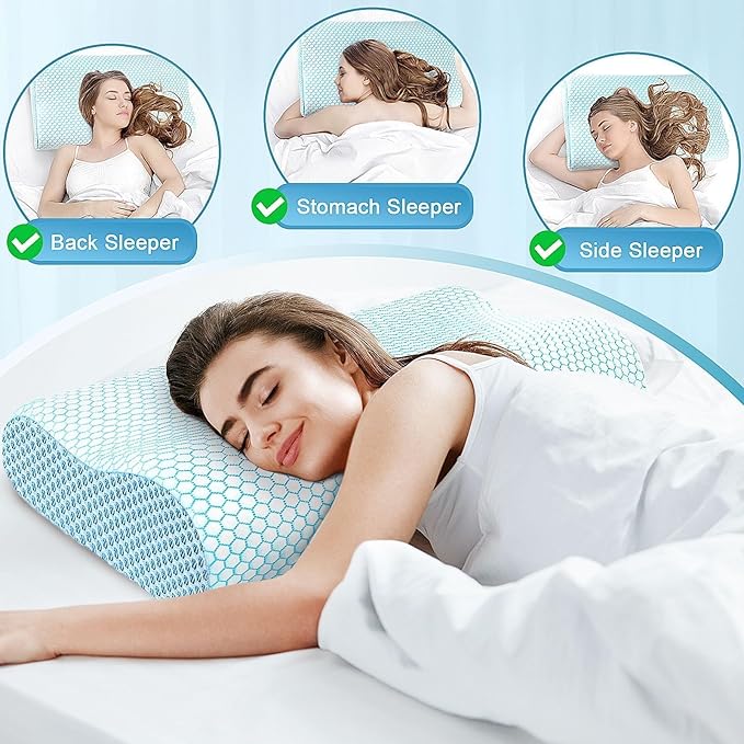 CloudBliss Memory Foam Pillow, Ergonomic Neck Contour Cervical Pillow for Back and Shoulder Pain, Orthopedic Pillow for Neck Pain Relief, for Sleeping Side, Back, Stomach Sleepers - Blue, King