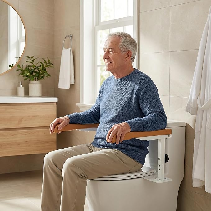 Simple Project 15.7" Toilet Safety Rails for Seniors, Flipped 90°&Adjust Heigh Toilet Seat Handle, Super Sturdy 500LBS Toilet Safety Frame for Disabled or Mobility Issues, Grab Bars Arms(Brown)