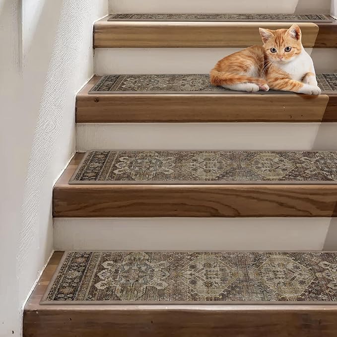 Non Slip Stair Treads for Wooden Steps 15PCS - 8"x30" Indoor Safety Carpet, Edging Mats with TPE Adhesive Backing, Pet and Elderly Friendly Stair Rugs (Sage/Brown)
