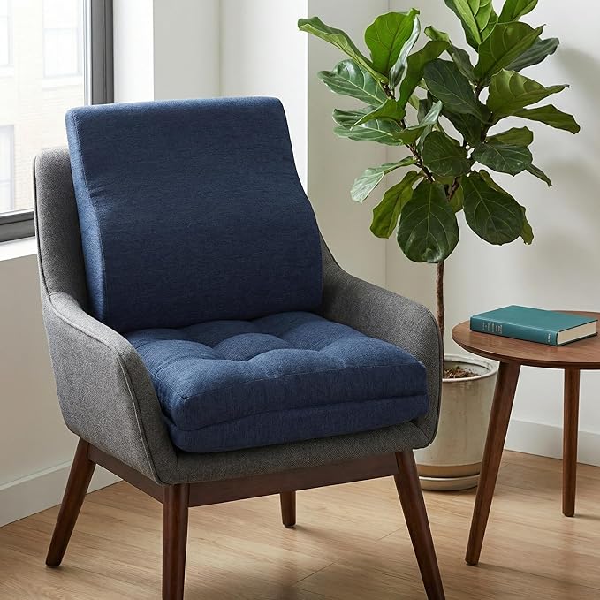 baibu Memory Foam Small Recliner Cushions with Lumbar Support Pillow Set, 18x16x4 Inch Dual-Layer Design Non-Slip Recliner Seat Cushion & Back Support Pillow for Reduce Hip & Lumbar Pain, Navy Blue