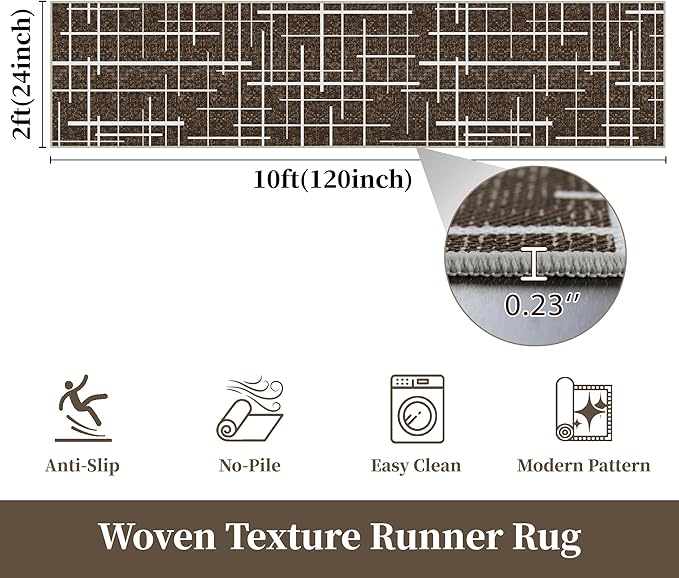 Non Slip Hallway Runner Rug 2x10, Brown Modern Distressed Stripe, Washable Long Rug, Woven Thin Low Pile Carpet Runners for Hallway 10ft Entryway, Kitchen, Walkway- Brown