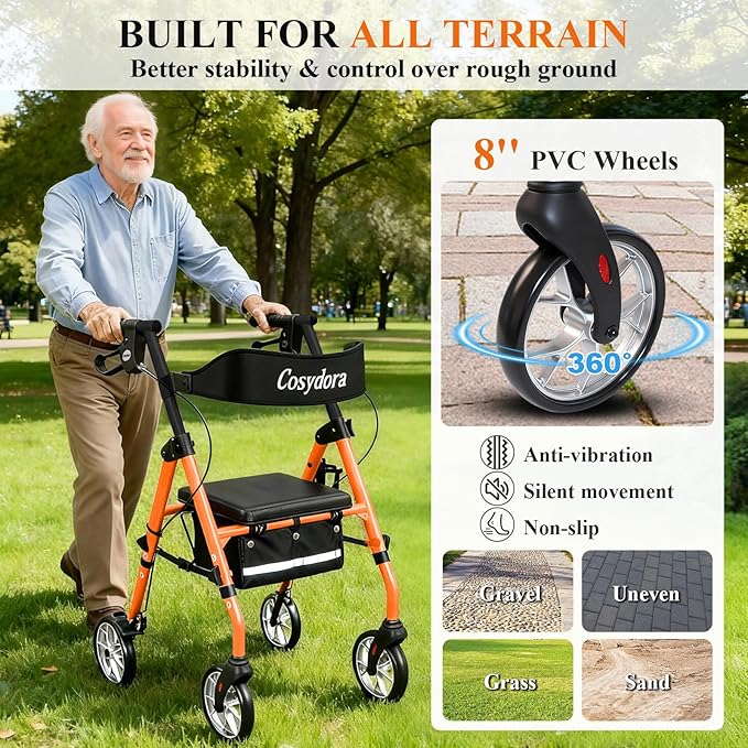 Cosydora Rollator Walkers for Seniors with Seat, 13.6 Lbs Ultra Lightweight Foldable Rolling Walker, 350Lbs Heavy Duty Aluminum, 8" All Terrain Wheels, Dual Adjustable Height, Light Orange