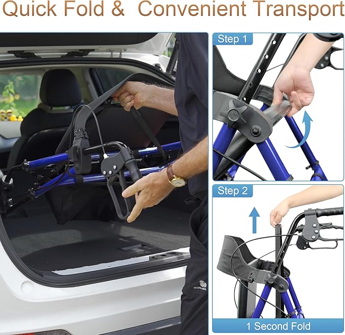 SOUNDFUSE Walkers for Seniors, Rollator Walker with Seat, 8" All Terrain Wheels, Double Support Bar, 16" Ergonomic Arc Seat and Comfortable Backrest, Dual Height Adjustable and Foldable Design