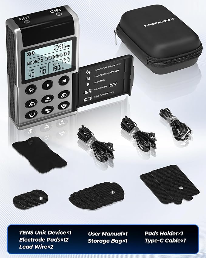 KingPavonini 4-IN-1 TENS Unit Muscle Stimulator, DIY & TENS & EMS & MASS, Dual-Channel 40 Intensities TENS Machine, Muscle Stimulator for Pain Relief Therapy Sciatica Back Pain, 12 Pads (Model: B2501)