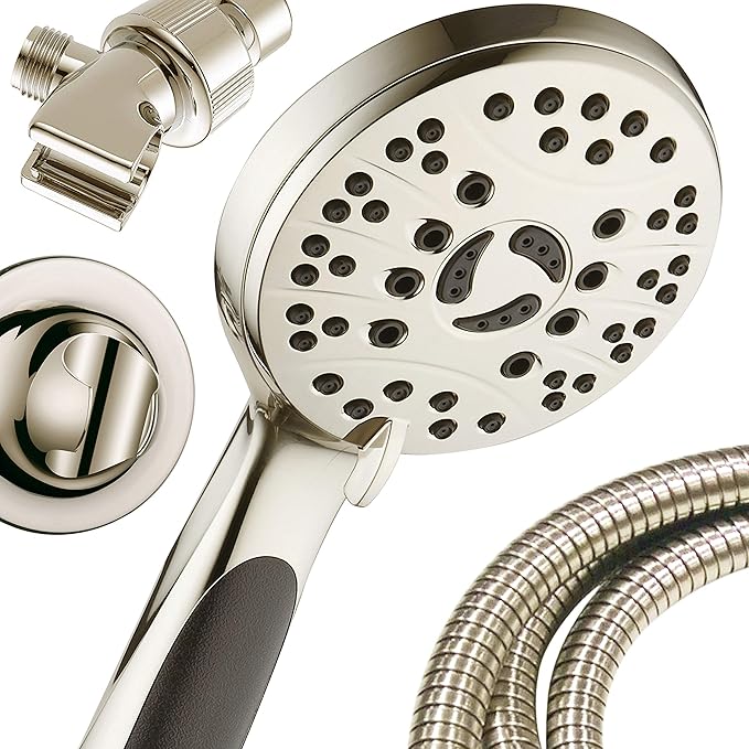 High Pressure 6-setting Luxury Handheld Shower Head – 6 Foot Stainless Steel Hose – Anti Clog Jets – Anti Slip Grip – All Brushed Nickel Finish – Top US Brand – Includes Extra Wall Bracket
