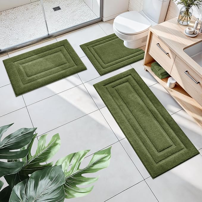 HOMEIDEAS Bathroom Rugs Sets 3 Piece, Microfiber Shaggy Bath Mat Set, Non-Slip Ultra Soft Carpet Mats, Large Rugs with U-Shaped Toilet for Bathroom, Tub, Shower,Sage Green