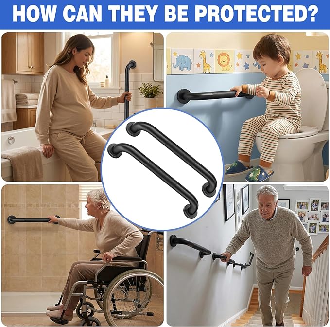 Safety Grab Bars for Bathroom and Shower, 16 Inch Non-Slip Stainless Steel Handrail for Toilet, Bathtub, Stairs & RV, Indoor Outdoor Support Bar, 500 lbs Capacity (2 Pack)