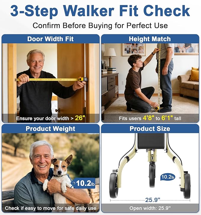 SOUNDFUSE 3 Wheel Walkers for Seniors, Lightweight Foldable Aluminum Rollator Walker, Height Adjustable Three Wheel Walker, Champagne