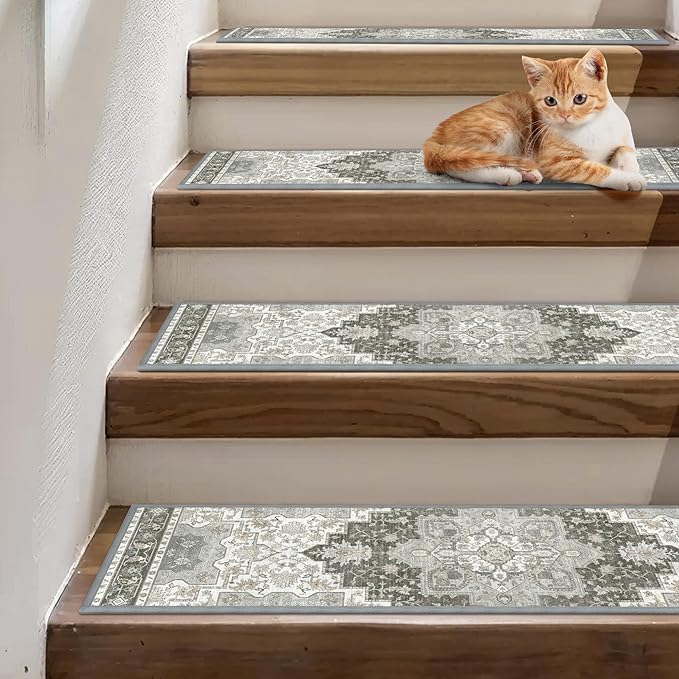 Non Slip Stair Treads for Wooden Steps 15PCS - 8"x30" Indoor Safety Carpet, Edging Mats with TPE Adhesive Backing, Pet and Elderly Friendly Stair Rugs (Tawny Grey)
