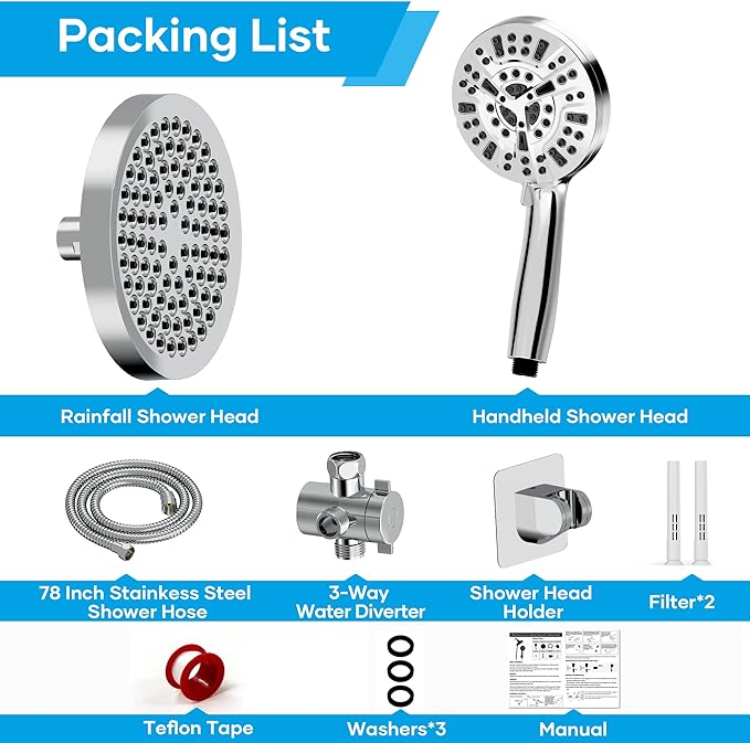 Shower Head with Handheld Spray Combo,High Pressure Dual Double Rain Shower Head with Handheld 10-Mode 78" Hose Chrome