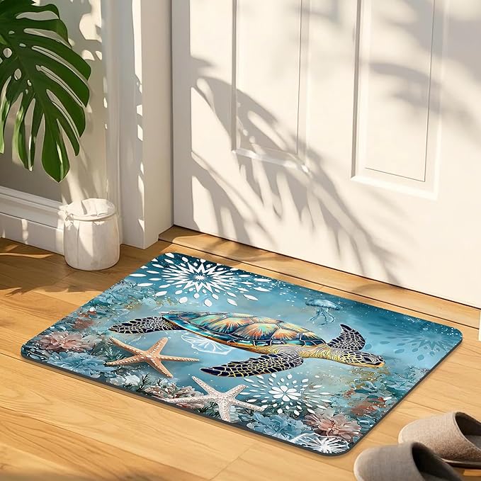 Quick Dry Bath Mat for Bathroom,Super Absorbent Beach Welcome Bath Rug Non-Slip Rubber Backing,Machine Washable Bathroom Floor Mat for Shower, Tub, Sink Area Sea Turtle Nautical Starfish 16x24