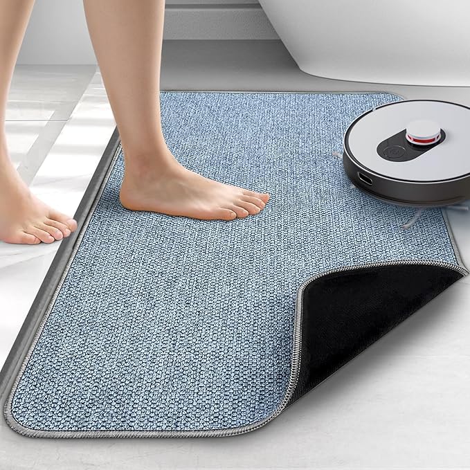 Upgraded Bath Mat 20x24Inch, Thin Bath Mats Rugs with Rubber Backing Non-Slip, Absorbent,Quick Dry Machine Washable, Home Decor Accessories Cozy Cloth Bathroom Rugs fit Under Door/Sink/Tub/Shower-Blue