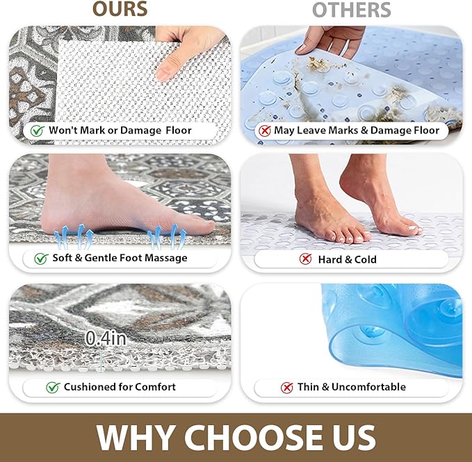 Square Shower Mat Non Slip: 27x27 Inch Extra Large Shower Mats for Inside Shower, Anti Slip Shower Floor Mat, Loofah Shower Stall Mats for Elderly, Non Slip Shower Mat with Drain Hole in Middle