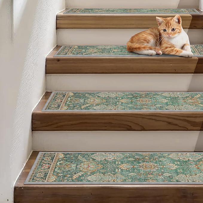 Non Slip Stair Treads for Wooden Steps 15PCS - 8"x30" Indoor Safety Carpet, Edging Mats with TPE Adhesive Backing, Pet and Elderly Friendly Stair Rugs (Sage/Gold)