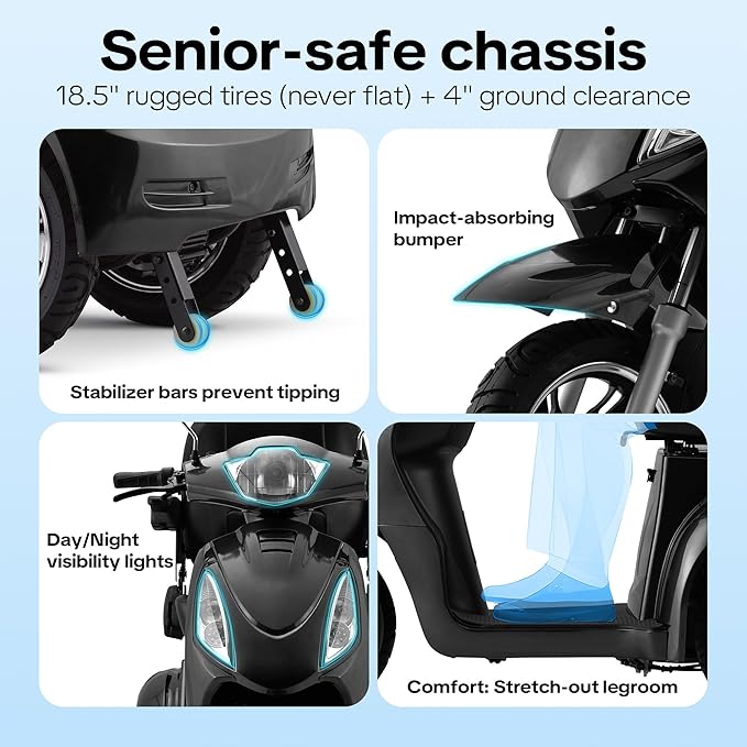 Super Large Electric 4 Wheel Mobility Scooters, Heavy Duty 800W Wheelchair Device, 25 Miles Long Range, All Terrain Mobility Scooter,Speed Adjust, Remote Key,Receive Ready to Ride (3 Wheel -Black)