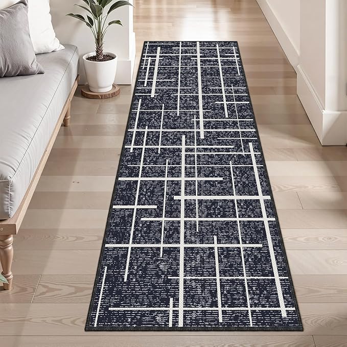 Washable Runner Rug 2x6, Modern Distressed Stripe, Kitchen Runner Rug Non Slip, Woven Thin No Shed Carpet Runners for Entryway, Kitchen, Laundry Room- Midnight Black