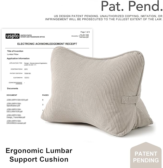 Pat. Pend. Corduroy Lumbar Support Back Pillow for Watching TV, Reading & Gaming, Ergonomic Triangle Support Cushion for Sofa, Armchair & Bed Sitting, Removable Washable Cover, Beige Gray