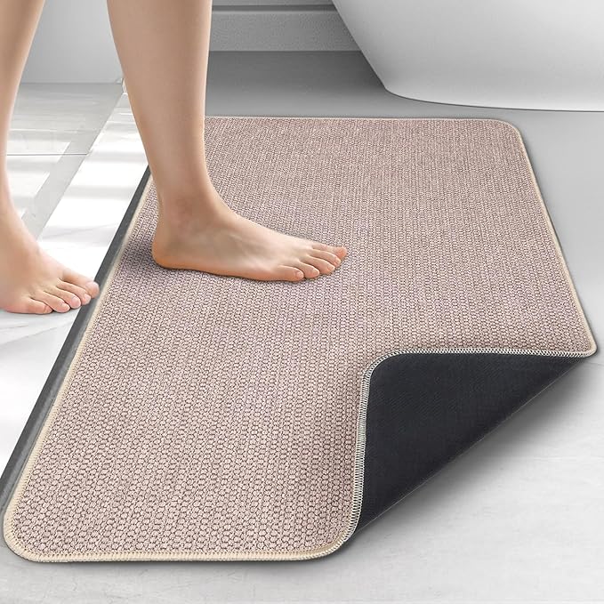 Upgraded Bath Mat 17x27Inch, Thin Bath Mats Rugs with Rubber Backing Non-Slip, Absorbent,Quick Dry Machine Washable, Home Decor Accessories Cozy Cloth Bathroom Rugs fit Under Door/Sink/Tub-Biege