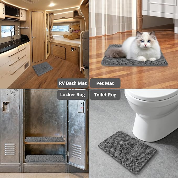 Small Bathroom Rug 12"x18" – Washable and Absorbent Bath Mat, Non Slip, Thick Soft Chenille Bath Rugs for Bathroom, Shower, Sink, Dog mat(Gray)