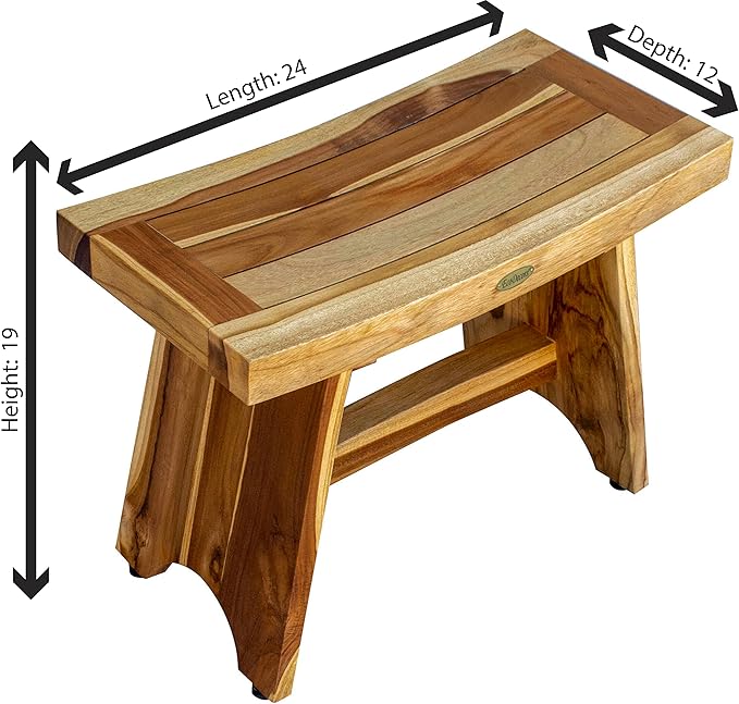 EcoDecors 24 Inch Serenity Teak Shower Bench – Waterproof Bathroom Seat | Spa-Style Teak Wood Stool for Adults & Seniors | Safe Non-Slip Feet | Elegant Finish | 250 Pound Capacity