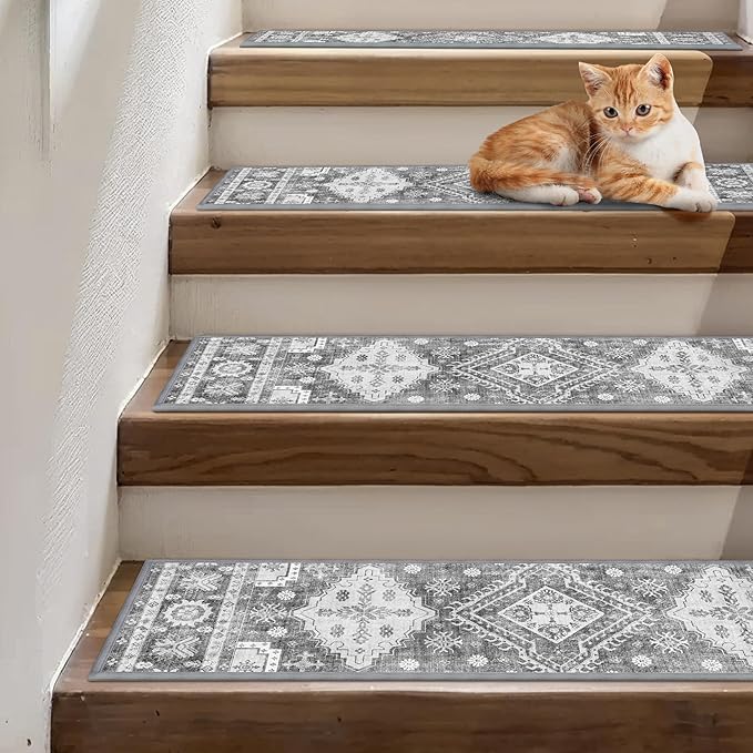 sarben Non Slip Stair Treads for Wooden Steps 15PCS - 8"x30" Indoor Safety Carpet, Edging Mats with TPE Adhesive Backing, Pet and Elderly Friendly Stair Rugs (Charcoal)
