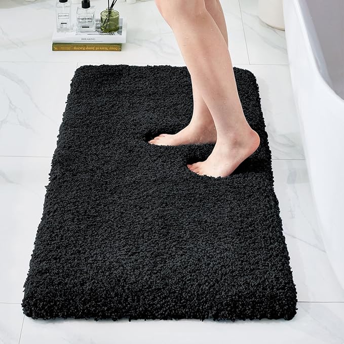 Bathroom Rugs Non Slip Washable 70x24, Ultra Thick Soft Microfiber Absorbent Bath Mats, High Density Foam Latex Non Slip Backing Bath Rugs, Fluffy Floor Carpet for Tub&Shower, Black