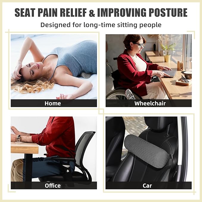 Lumbar Roll Pillow for Lower Back, Lumbar Support Foam Roll Cushion with Pillowcase and Upgraded Strap for Office, Chair, Car, Seat Pain Relief & Improving Posture (Dark Grey, Long-15 * 4.3'')
