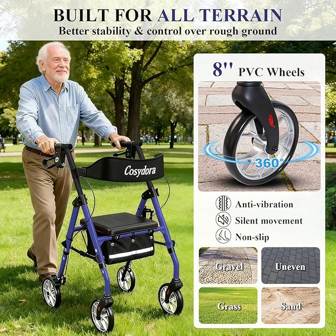 Cosydora Rollator Walkers for Seniors with Seat, 13.6 Lbs Ultra Lightweight Foldable Rolling Walker, 350Lbs Heavy Duty Aluminum, 8" All Terrain Wheels, Dual Adjustable Height, Navy Blue