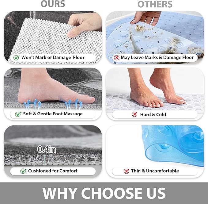 Square Shower Mat Non Slip: 36x36 Inch Extra Large Shower Mats for Inside Shower, Anti Slip Shower Floor Mat, Loofah Shower Stall Mats for Elderly, Non Slip Shower Mat with Drain Hole in Middle