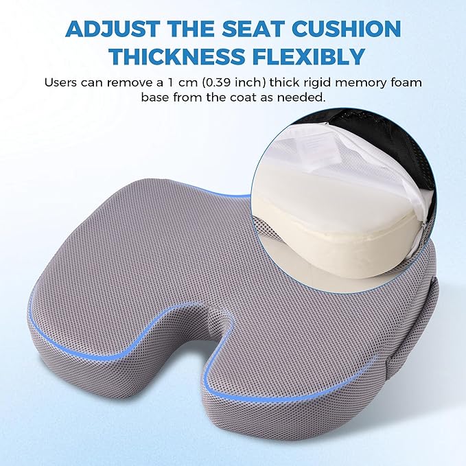 Extra Large Memory Foam Seat Cushions for Office Chairs, Car, Airplane, Wheelchair– Relieves Lumbar, Orthopedic, Sciatic, Coccyx and Back Pain – Comfortable Non-Slip – Bonus Carry Bag Included (Gray)