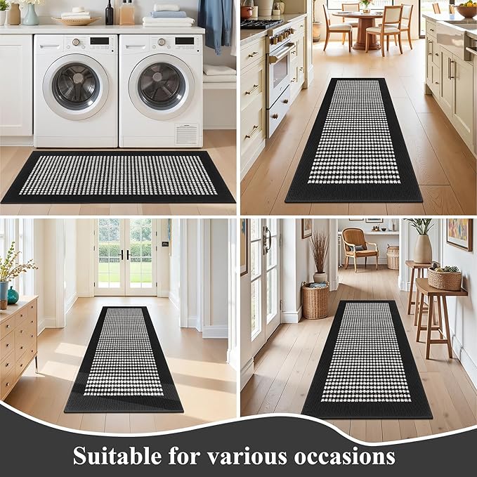Ileading Laundry Room Runner Rug 2x5ft Non Slip Farmhouse Kitchen Floor Mats with Rubber Backing Machine Washable Indoor Doormat Low-Profile Carpet for Hallway Entryway(Black&White)