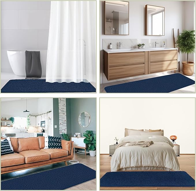Bathroom Runner Rug 24 x 72 Non Slip – Extra Long Bath Mat | Absorbent and Washable Thick Chenille Runner Rug for Bathroom, Shower, Tub, Sink(Navy Blue)
