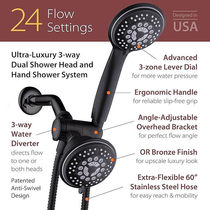1753 Handheld Showerhead & Rain Shower Combo. High Pressure 24 Function 4" Face Dual 2 in 1 Shower Head System with Stainless Steel Hose, Patented 3-way Water Diverter in Oil Rubbed Bronze