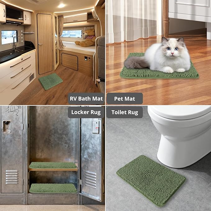 Small Bathroom Rug 12"x18" – Washable and Absorbent Bath Mat, Non Slip, Thick Soft Chenille Bath Rugs for Bathroom, Shower, Sink, Dog mat(Loden Green)